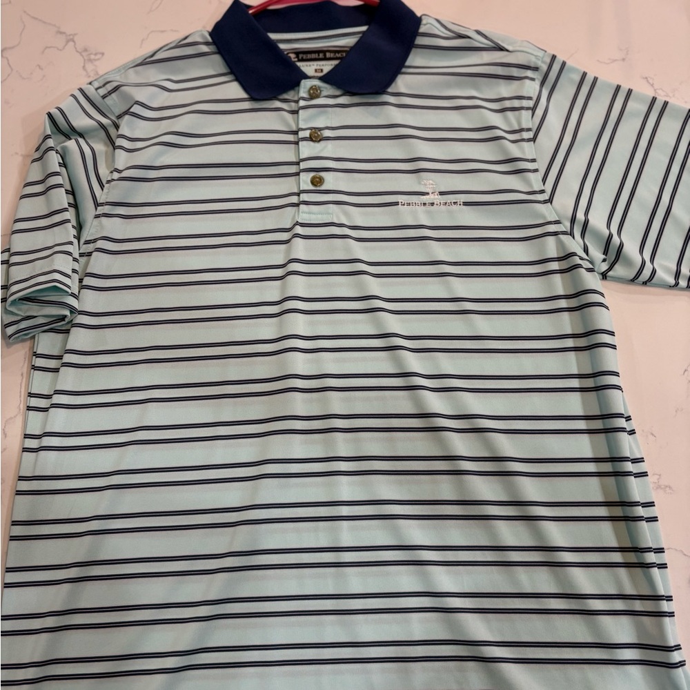 Pebble Beach Men's Polo Shirt - Light Blue and Navy Stripes
